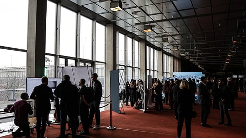 A general view shows the exhibitors' lounge during a cultural weekend in conjunction with the Summit for Action on Artificial Intelligence at the BNF (Bibliothèque natvionale François Mitterrand) in Paris, on February 8, 2025.