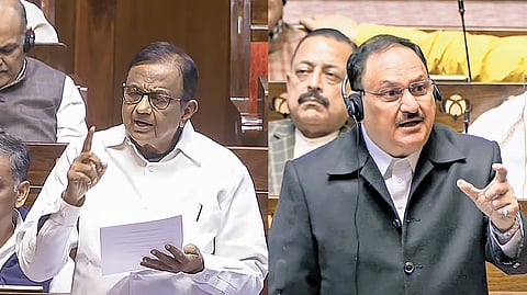 Congress leader P Chidambaram, (L), Leader of House JP Nadda (R) in Rajya Sabha.