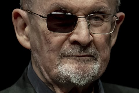 Author Salman Rushdie poses for a portrait to promote his book "Knife: Meditations After an Attempted Murder Deutsches Theater in Berlin, Germany, May 16, 2024.