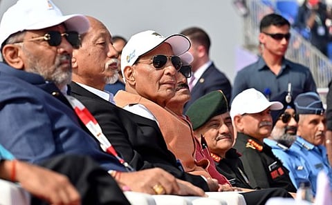 Defence Minister Rajnath Singh with Defence MoS Sanjay Seth, DCM DK Shivakumar and others during the inaugural day