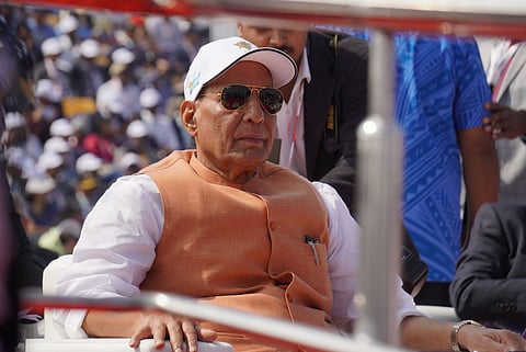 Defence Minister Rajnath Singh during the Aero India 2025 at Yelahanka air base in Bengaluru, on Monday, Feb 10, 2025.