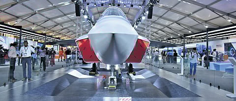 A full-scale model of the fifth-generation Advanced Medium Combat Aircraft (AMCA) at Aero India 2025