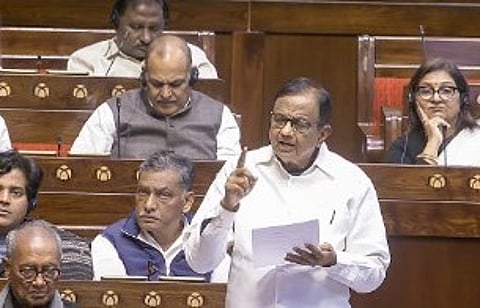 Congress MP P. Chidambaram speaks in the Rajya Sabha during the Budget session of Parliament, in New Delhi, Monday, Feb. 10, 2025.