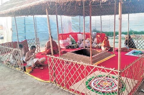 A tent set up for rituals as per Kerala traditions at the Maha Kumbh