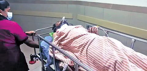 Prasad, a plantation worker of Ayyampuzha near Angamaly, who was injured in an elephant attack, being shifted to hospital on Monday