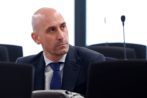 The former president of Spain's soccer federation Luis Rubiales sits in a courtroom on the outskirts of Madrid where he is on trial for his unsolicited kiss on forward Jenni Hermoso (Photo | AP)