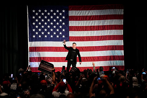 Elon Musk speaks as part of a campaign town hall in support of Republican presidential nominee former President Donald Trump in Folsom, Pa., Thursday, Oct. 17, 2024
