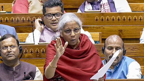Union Finance Minister Nirmala Sitharaman speaks in the Lok Sabha during the Budget session of Parliament, in New Delhi.