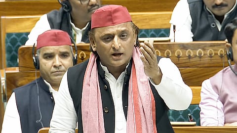 Samajwadi Party MP Akhilesh Yadav speaks in Lok Sabha during the Budget Session of the Parliament, in New Delhi on Tuesday.