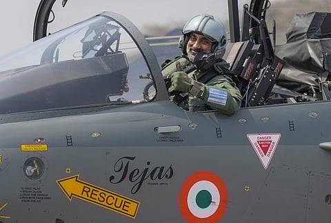 Chief of the Air Staff Air Chief Marshal Amar Preet Singh before a sortie ahead of the Aero India 2025, at the Yelahanka Air Force Station in Bengaluru, Sunday, Feb. 9, 2025