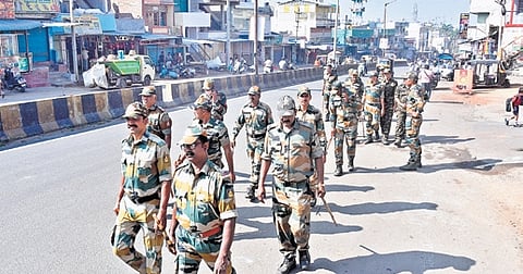 RAF personnel deployed after the unrest in Udayagiri, Mysuru, on Tuesday.