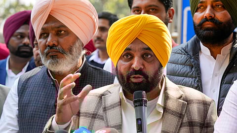 Punjab Chief Minister Bhagwant Mann with AAP MLAs talks to the media after a meeting with the party national convenor Arvind Kejriwal at the Kapurthala House, in New Delhi on Tuesday.