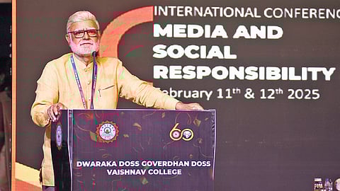 Prabhu Chawla, TNIE’s editorial director, speaks at the International Conference on Media and Social Responsibility at DG Vaishnav College in Chennai.