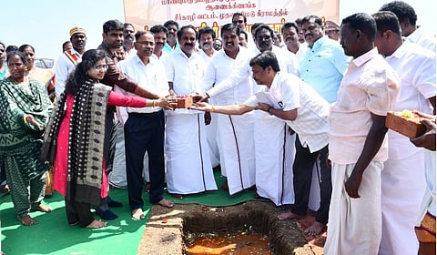 Minister Siva V Meyyanathan at the foundation laying ceremony of the
multipurpose flood shelter at Muthalaimedu on Wednesday.