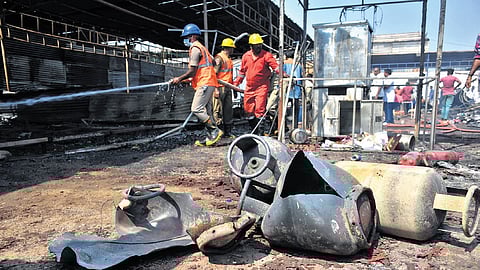 Fire broke out at the Kashmir Jalakanya expo due to a suspected short circuit, triggering an explosion of 3 gas cylinders at Bhavanipuram in Vijayawada