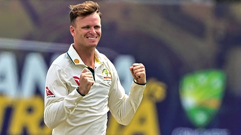 Australia's Matthew Kuhnemann celebrates after taking the wicket of Sri Lanka's Kamindu Mendis during the fourth day of the first Test cricket match between Sri Lanka and Australia on February 1, 2025.