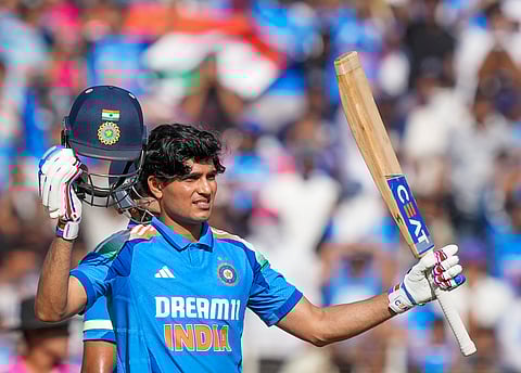 Shubman Gill celebrates his century during the third ODI between India and England at the Narendra Modi Stadium in Ahmedabad (Photo | PTI)
