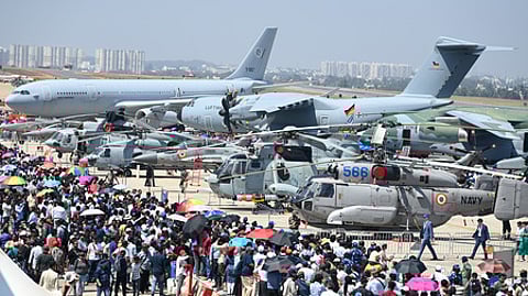 Visitors on the fourth day of the Aero India 2025 at Yelahanka air base in Bengaluru