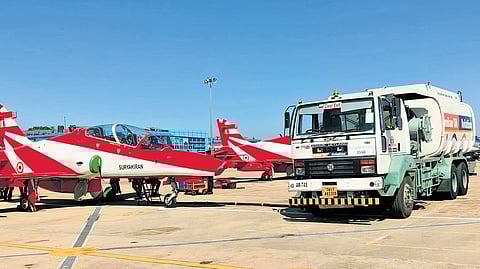 A fuel tanker refuels aircraft of the Surya Kiran Aerobatic Team