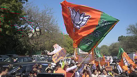 BJP workers in Delhi after the party won the assembly elections.