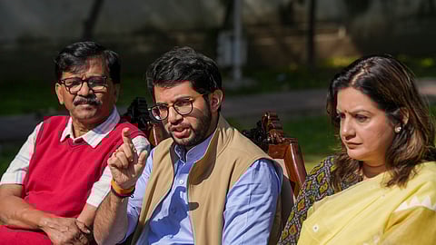 Shiv Sena (UBT) leaders Aaditya Thackeray, Sanjay Raut and Priyanka Chaturvedi during a press conference, in New Delhi, Thursday, Feb. 13, 2025.