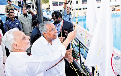 Chief Minister Pinarayi Vijayan and spiritual leader Sri M at the inaugural function of the 49th Senior National Yoga Sports Championship at Pirappancode
in Thiruvananthapuram on Thursday