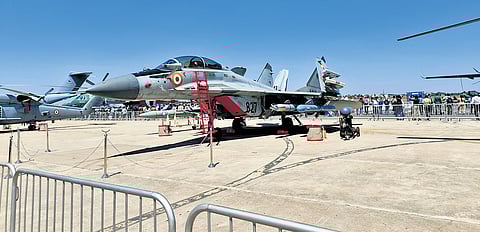 A MiG-29K fighter jet, with its wings folded, on static display at Aero India 2025 at Yelahanka Air Force Station in Bengaluru