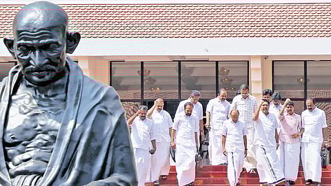 Opposition MLAs, led by Leader of Opposition V D Satheesan, walk out of the House after boycotting the assembly session on Thursday