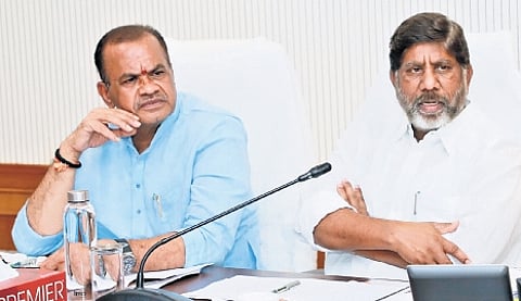 Deputy Chief Minister Mallu Bhatti Vikramarka during pre-budget meetings with ministers in Hyderabad on Thursday