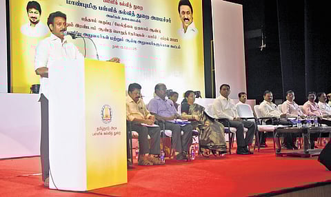 School Education Minister Anbil Mahesh Poyyamozhi speaks at the meeting with chief educational officers at Anna Centenary Library on Thursday