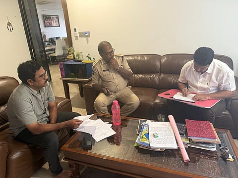 Vallabhaneni Vamsi (extreme right), YSR Congress Party leader and former MLA from Gannavaram was arrested by Andhra Pradesh police in Hyderabad on Thursday