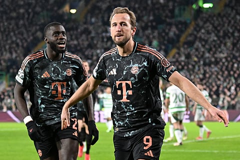 Harry Kane celebrates scoring Bayern Munich's second goal during the UEFA Champions League play-off first leg against Celtic at Celtic Park stadium in Glasgow (Photo | AFP)