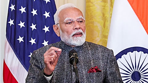 Prime Minister Narendra Modi speaks during a joint press statement with US President Donald Trump after their meeting at the White House, in Washington, DC on Thursday.