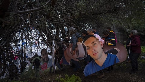 Activists holding photos depicting the faces of Israeli hostages held in the Gaza Strip, during a protest demanding their release from Hamas captivity, in Tel Aviv, Israel, Thursday, Feb. 13, 2025.
