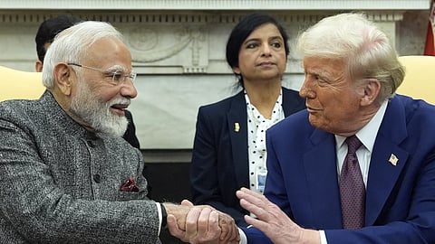US President Donald Trump shakes hands with India's Prime Minister Narendra Modi in the Oval Office of the White House, Thursday, Feb 13, 2025, in Washington.