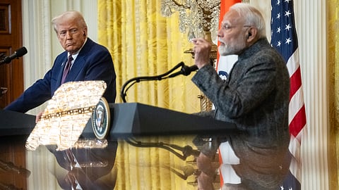 US President Donald Trump and Indian Prime Minister Narendra Modi hold a joint press conference in the East Room of the White House in Washington, DC, on February 13, 2025.