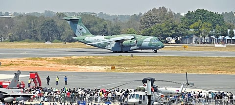 An Embraer C-390 Millennium lines up with the runway for take-off, at Yelahanka Air Force Station, on Friday