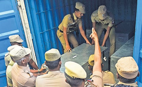 The valuables of former Tamil Nadu chief minister J Jayalalithaa being loaded for transportation to Tamil Nadu, in Bengaluru on Saturday