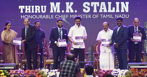 Chief minister of Tamilnadu MK Stalin unveils 'FAIRPRO ROSTER' and it's first copy at the inaugural ceremony of the 17th edition of FAIRPRO 2025 at Chennai Trade centre in Nadambakkam on Friday.
