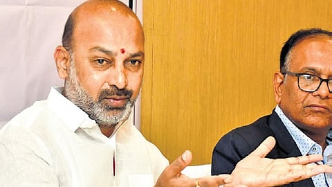 Union Minister of State for Home Bandi Sanjay Kumar addresses the media in Begumpet on Saturday