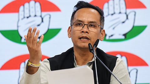 Congress MP and the party's deputy leader in the Lok Sabha Gaurav Gogoi addresses a press conference at the party office in New Delhi.