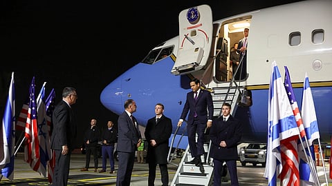 US Secretary of State Marco Rubio arrives in Israel on the first leg of his Middle East trip, as Israel's Foreign Minister Gideon Sa'ar waits to welcome him, in Tel Aviv, Israel, Saturday, Feb. 15, 2025.