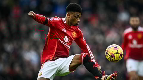 Manchester United's Amad Diallo controls the ball during the EPL football match between Manchester United and Crystal Palace at Old Trafford in Manchester, north west England, on February 2, 2025.