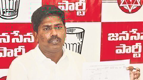 Jana Sena corporator Peethala Murhty Yadav addressing a press conference in Visakhapatnam on Sunday.