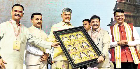 Chief Minister Nara Chandrababu Naidu with Maharastra CM Devendra Fadnavis and Goa CM Pramod Sawant during the ITCX 2025 in Tirupati on Monday