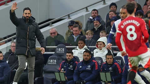 Manchester United's coach Ruben Amorim gestures from the sidelines during the English Premier League soccer match between Tottenham Hotspur and Manchester United in London, Sunday, Feb. 16, 2025.