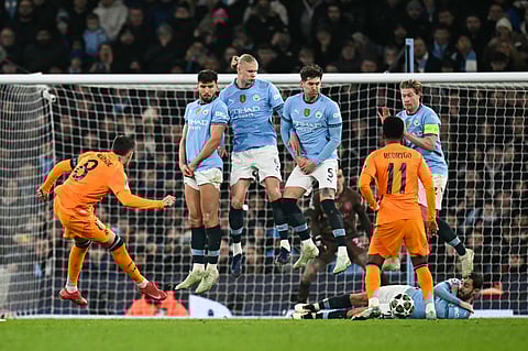 Action during the UEFA Champions League football match between Manchester City and Real Madrid at the Etihad Stadium in Manchester, north west England, on February 11, 2025.