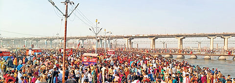 A view of the Triveni Sangam ghat in Prayagraj on Sunday