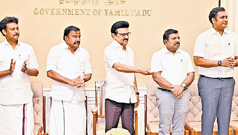 Chief Minister MK Stalin laying the foundation stone for the Tidel Park in Tiruchy through video conference on Tuesday;