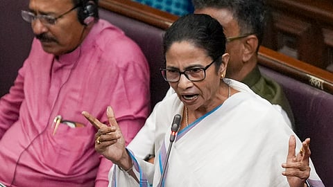 West Bengal Chief Minister Mamata Banerjee speaks during a discussion on the Governor's address at a session of the state Legislative Assembly, in Kolkata.